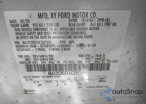 2020 Ford Ecosport Se z USA, uszkodzony, nr VIN MAJ3S2GE1LC357555